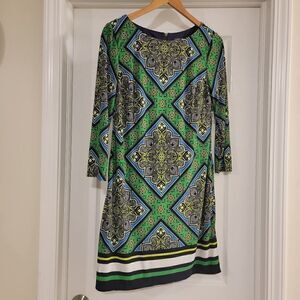 VINCE CAMUTO Shift Dress Green Geometric Round Neckline size 8
